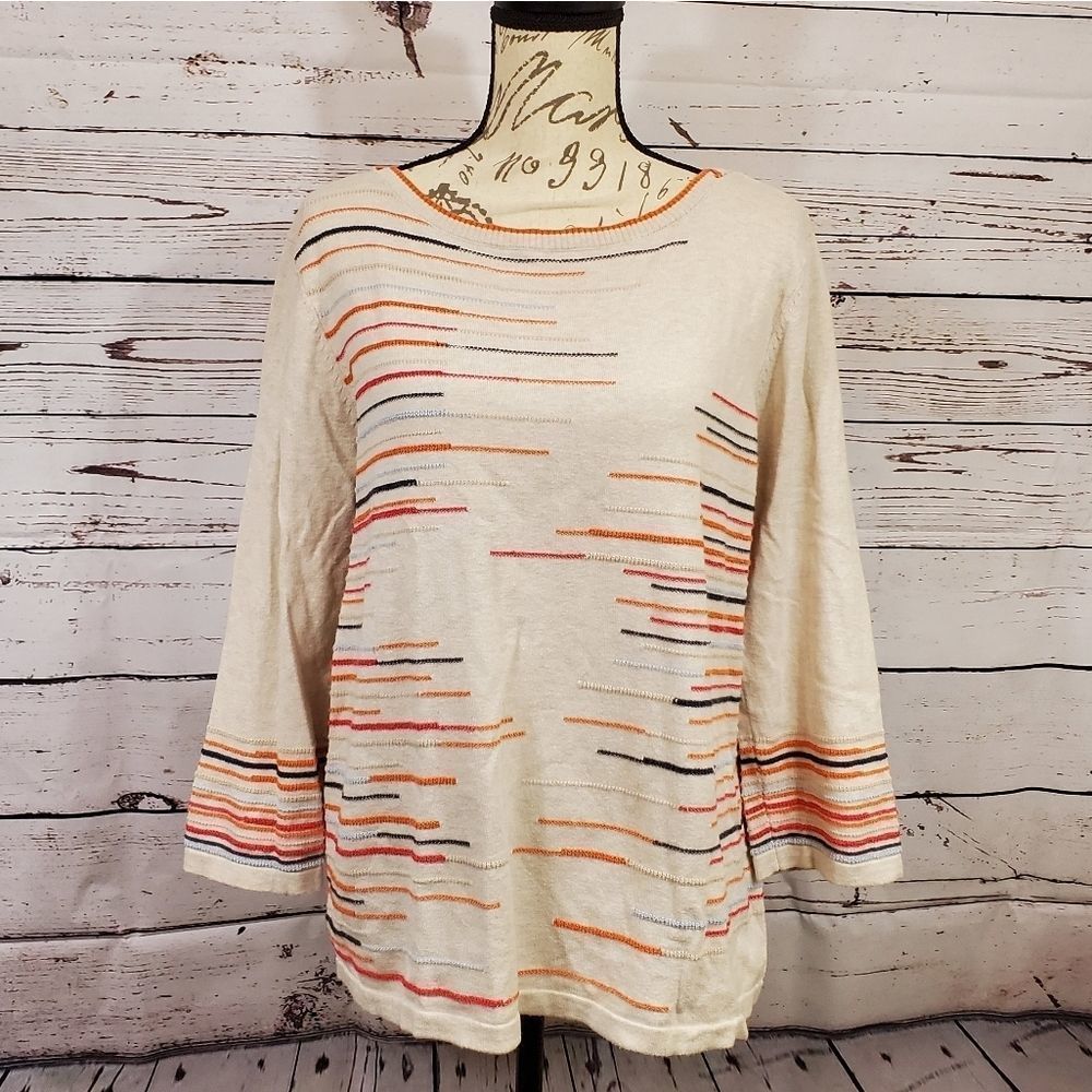 Peck&Peck Cream With Multicolor Line Accent Cotto… - image 1